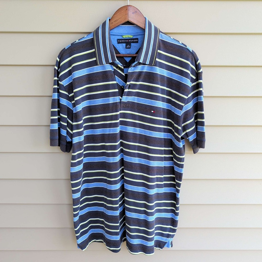 2004 Tommy Hilfiger Polo Shirt Men Large Blue Navy Striped Short Sleeve Y2K